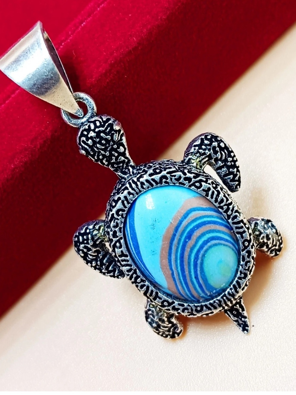 Silver Turtle Pendant with Blue Turquoise-Style Stone